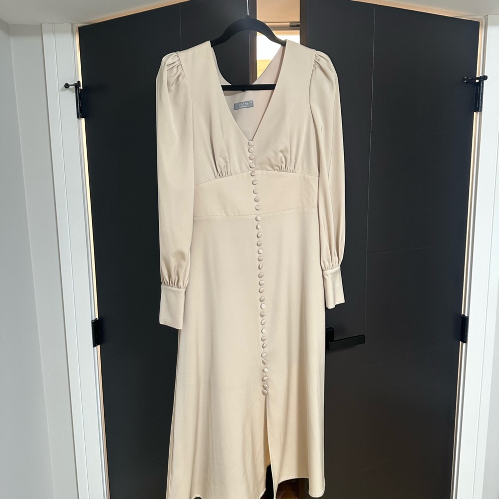Cream Sheath Midi Dress with Bishop Sleeves
